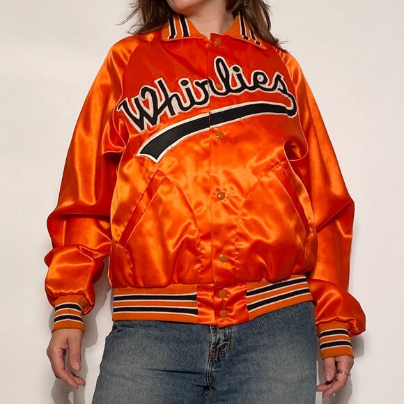 Vintage 1980s Orange & Black "Whirlies" Satin Bomber! Medium to Large - Picture 7 of 11